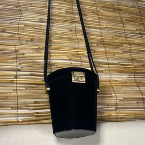 Black Velvet Bucket Crossbody Bag with Gold Hardware